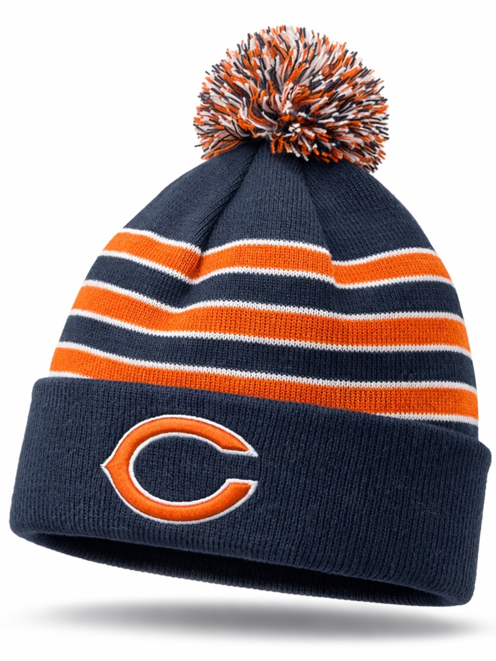 New with Tag New Era Chicago Bears Navy & Orange Striped Pom Beanie Hat W/ Logo
